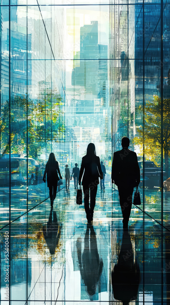 A Glimpse Through Glass: Silhouettes of Business Professionals Walking Towards an Urban Skyline A Glimpse Through Glass: Silhouettes of Business Professionals Walking Towards an Urban Skyline