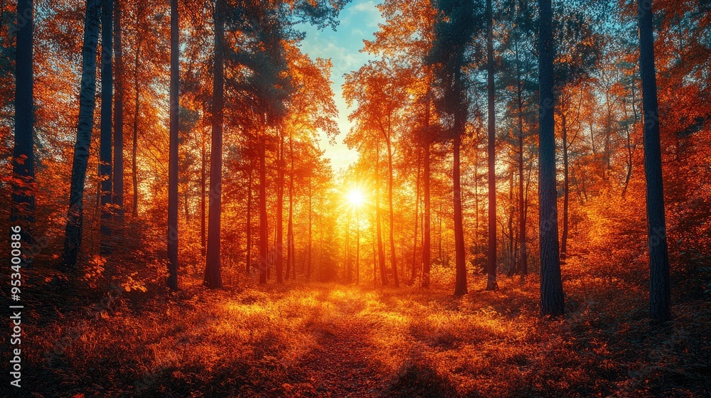 Sun shining through forest of tall trees with orange leaves in autumn Sun shining through forest of tall trees with orange leaves in autumn