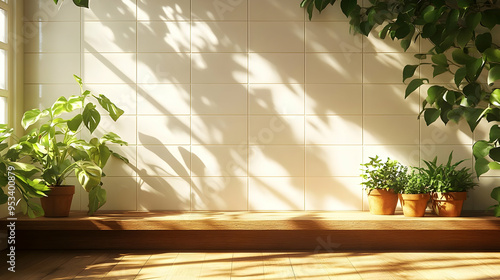 Wooden shelf with plants ag...