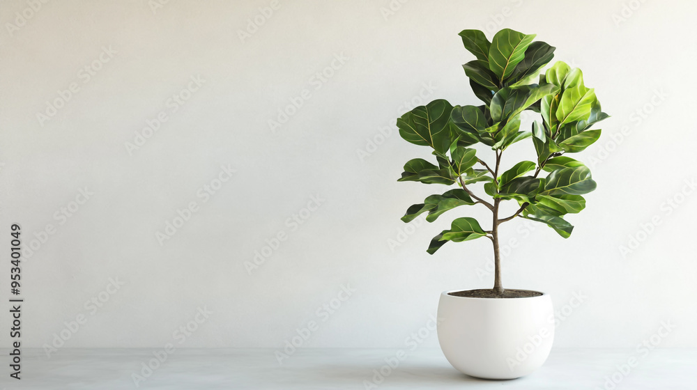 Fiddle-leaf fig tree in a white pot on an empty table against a white wall background with copy space Fiddle-leaf fig tree in a white pot on an empty table against a white wall background with copy space