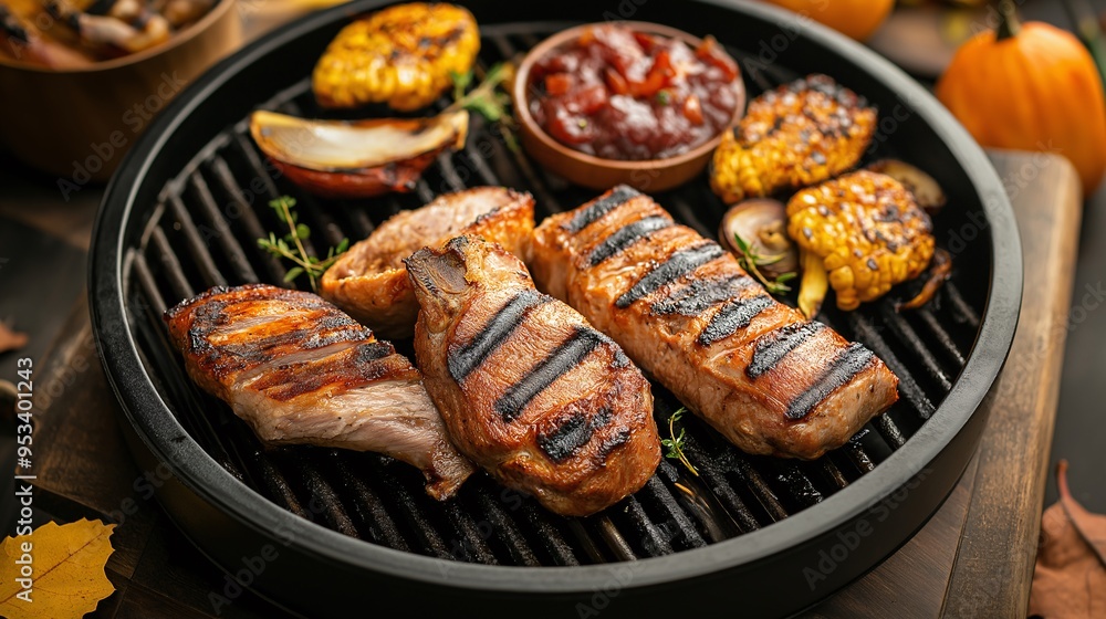 Autumn BBQ Feast: Juicy grilled pork chops sizzle alongside colorful autumn vegetables on a hot grill, a mouthwatering spread for a festive gathering. Autumn BBQ Feast: Juicy grilled pork chops sizzle alongside colorful autumn vegetables on a hot grill, a mouthwatering spread for a festive gathering.