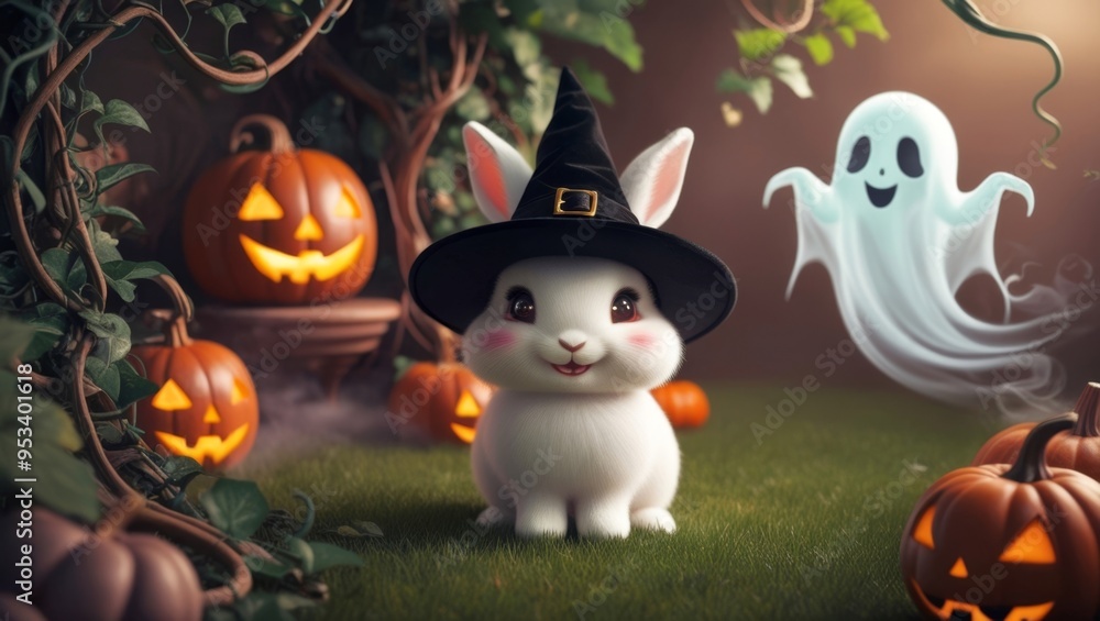 A cute rabbit wearing a witch hat surrounded by carved pumpkins and a friendly ghost, set against a whimsical Halloween backdrop. A cute rabbit wearing a witch hat surrounded by carved pumpkins and a friendly ghost, set against a whimsical Halloween backdrop.