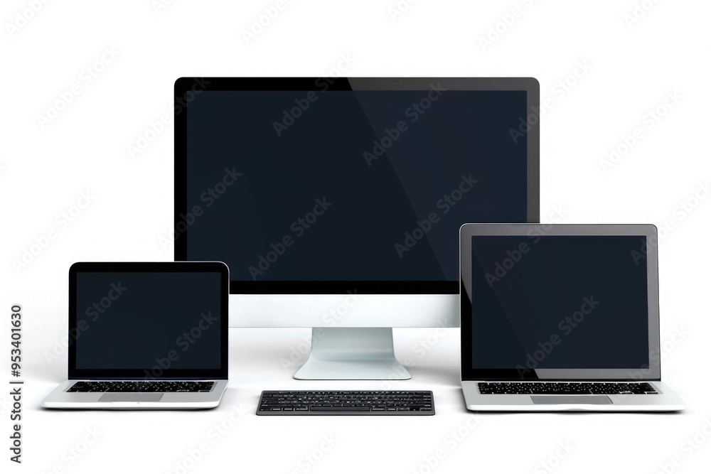 Three laptops placed on a white surface with a monitor next to them, suitable for business or technology related concepts Three laptops placed on a white surface with a monitor next to them, suitable for business or technology related concepts