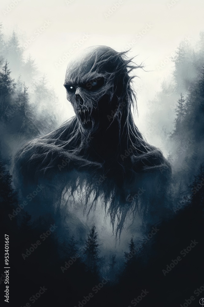 Scary forest monster emerging from fog surrounded by trees Scary forest monster emerging from fog surrounded by trees