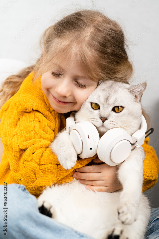a white purebred Scottish cat wearing headphones in a little girl's arms. The concept of musical pets, love for animals a white purebred Scottish cat wearing headphones in a little girl's arms. The concept of musical pets, love for animals