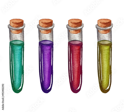 Watercolor colorful flasks isolated on white background. Witch toxic poison. Chemical reaction in laboratory.