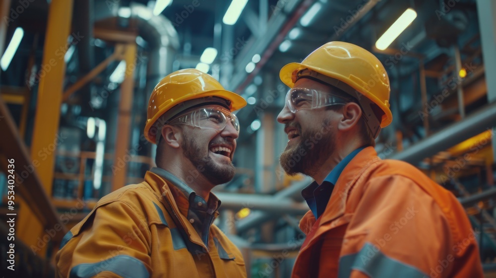 Two workers in hard hats discussing something on a factory floor Two workers in hard hats discussing something on a factory floor