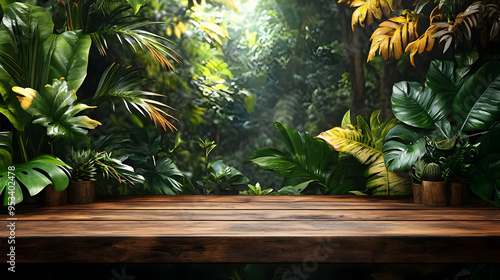 Wooden table in a lush trop...