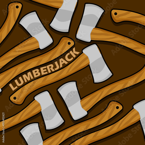 Lumberjack Day event banner. Several scattered axes with bold text on dark brown background to celebrate on September 26th