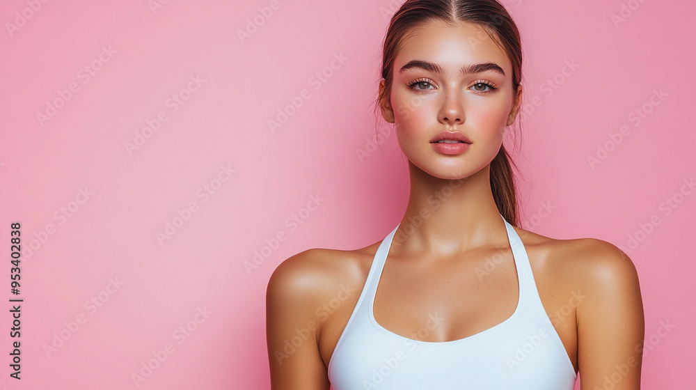 A confident young woman poses with a neutral expression against a vibrant pink background, highlighting her natural beauty. A confident young woman poses with a neutral expression against a vibrant pink background, highlighting her natural beauty.