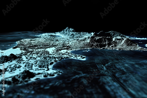 Technical aerial visual, 3D LiDAR GIS aerial map satellite scan model isolated, showing Bandar Lampung, Indonesia. Elevation, topography, render photo