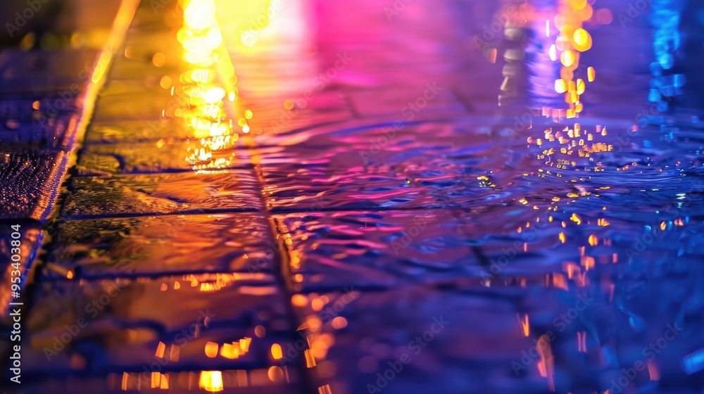 A wet sidewalk at night with colorful lights and reflections A wet sidewalk at night with colorful lights and reflections