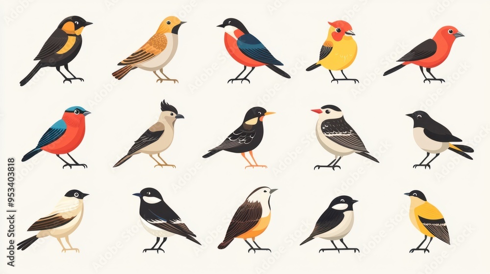 Obraz premium Minimalist Flat Illustration Set of Bird Icons Showcasing Unique Characteristics
