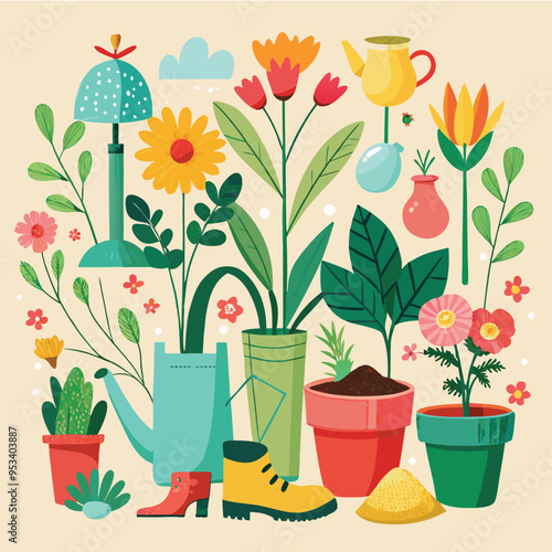 Botanical garden tools with spring flowers and plants, vector illustration photo