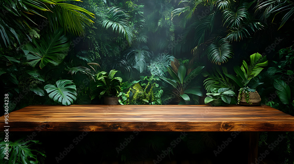 Wooden table with lush green tropical plants background. Wooden table with lush green tropical plants background.