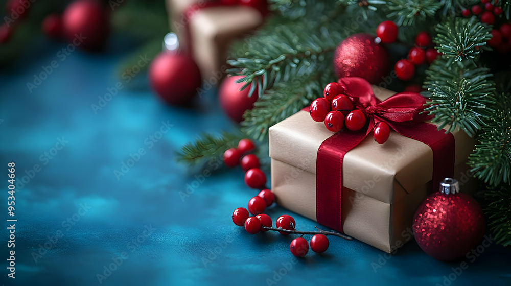 Wrapped gift with red ribbon and baubles on a blue background. Wrapped gift with red ribbon and baubles on a blue background.