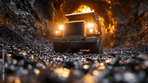 Yellow mining truck in a da...