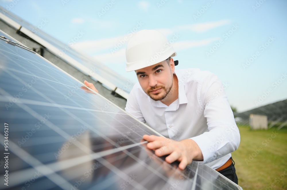 Portrait young technician or manager wearing formal cloths standing with solar panel. renewable energy Portrait young technician or manager wearing formal cloths standing with solar panel. renewable energy