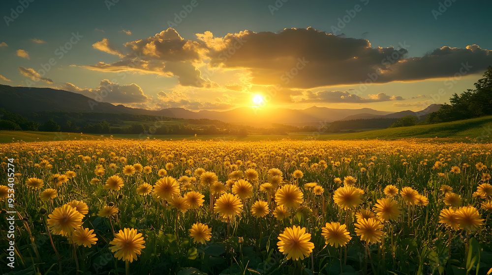 Obraz premium Yellow wildflowers in a field with mountains in the distance and a sunset in the sky.