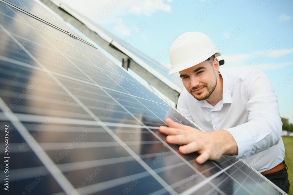 The solar farm, solar panel with engineer check the operation of the system, Alternative energy to conserve the worlds energy, Photovoltaic module idea for clean energy production. The solar farm, solar panel with engineer check the operation of the system, Alternative energy to conserve the worlds energy, Photovoltaic module idea for clean energy production.