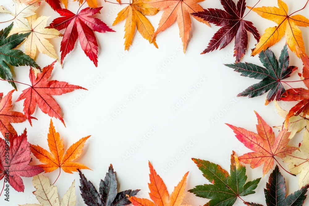 Autumn Maple Leaves Flat Lay White Background created with Generative AI Autumn Maple Leaves Flat Lay White Background created with Generative AI