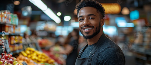 Cheerful grocer stands proudly in a vibrant market, surrounded by fresh produce, showcasing the warmth of community and good food.