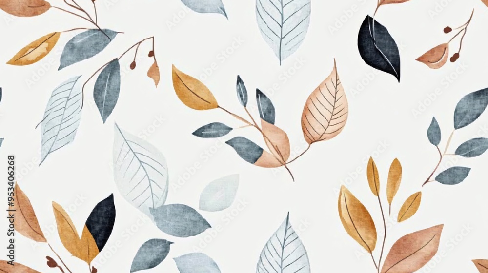 Obraz premium Watercolor Autumn Leaves Seamless Pattern: A delicate and elegant pattern featuring watercolor leaves in shades of blue, gray, brown, and mustard yellow
