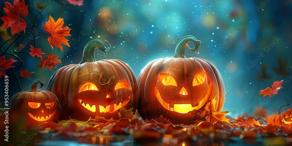 Halloween scene with jack-o'-lanterns, candle inside, pumpkins a dark background with trees and bats Halloween scene with jack-o'-lanterns, candle inside, pumpkins a dark background with trees and bats