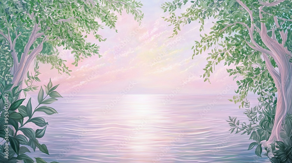 Fototapeta premium Sunset watercolor painting with trees