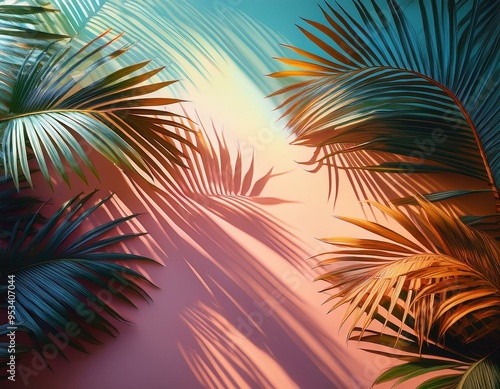 Vibrant shadows of tropical palm fronds cast upon a pastel background