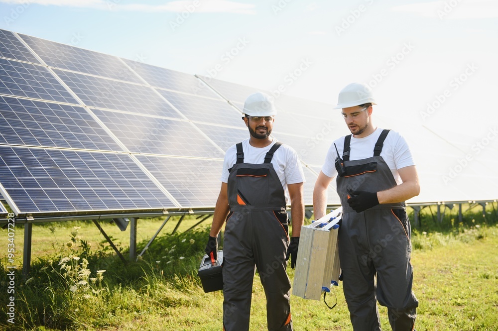 Engineer worker working in solar panels power farm. Two technician working at solar power station Engineer worker working in solar panels power farm. Two technician working at solar power station