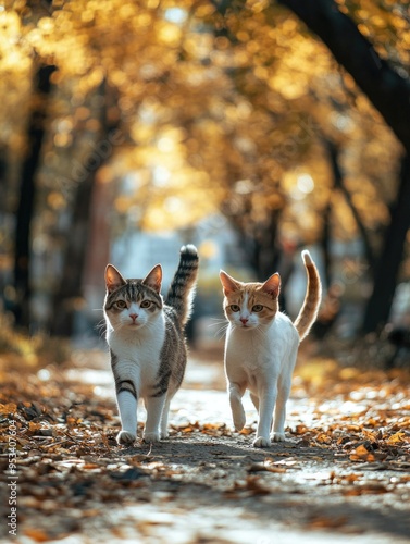 Autumn Cat Walk - Two tabby cats walk together down a fall-colored street