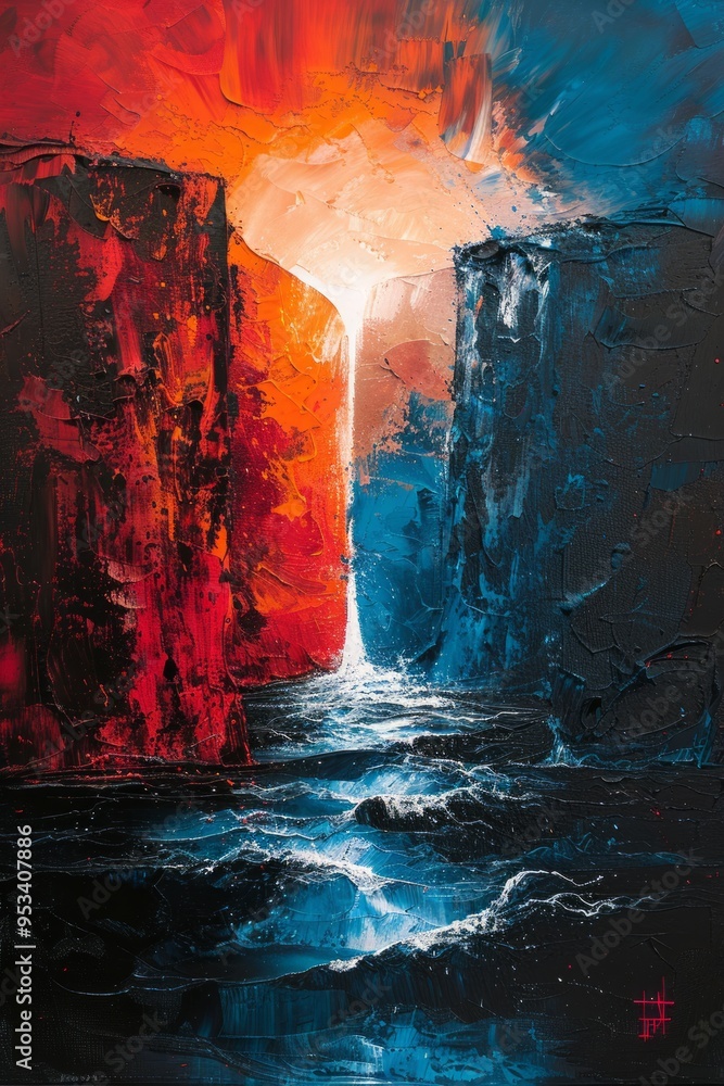 Fototapeta premium Vivid abstract landscape featuring a waterfall cascading between fiery red cliffs and cool blue tones at sunset