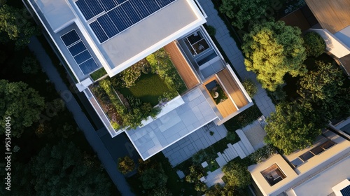 A drone's perspective of a modern house with a flat roof, featuring solar panels and a small rooftop garden.
