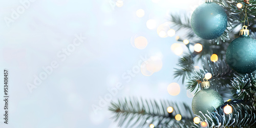 Winter Holiday Background with Christmas Tree Baubles and Blurry Lights, Festive Decor Design with Happy New Year Landscape Wallpaper Background. Copy Space for Text