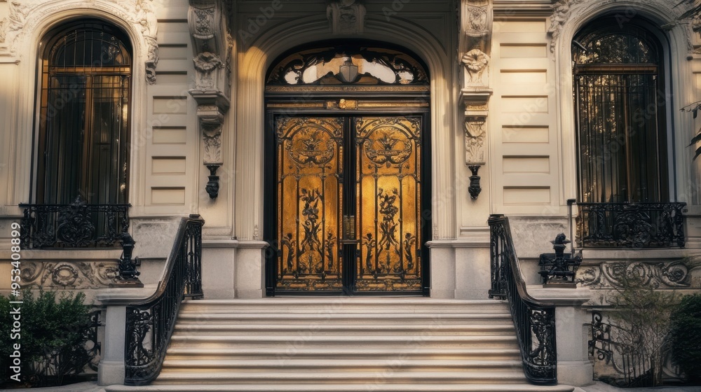 Fototapeta premium A grand, double-door entrance to a historic building, with ornate metalwork and a marble staircase leading inside.