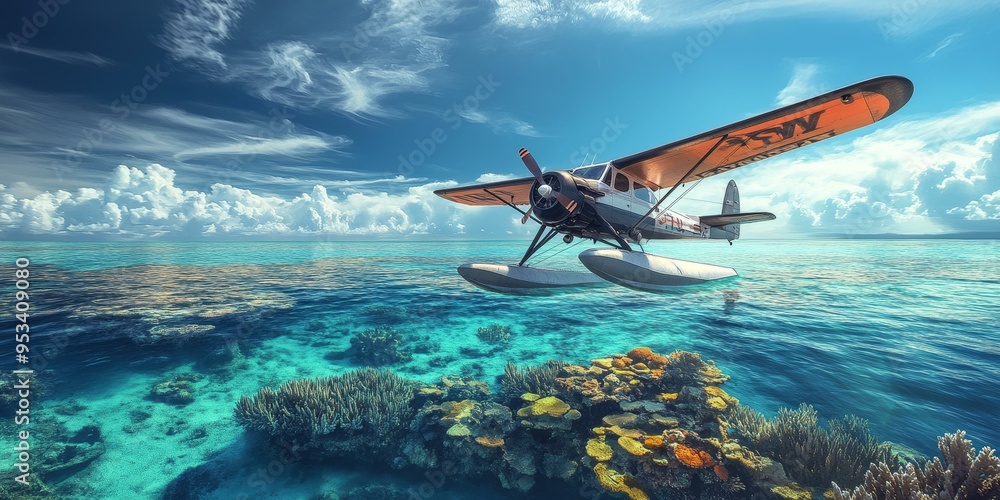 Naklejka premium Seaplane flying over turquoise water and coral reefs.