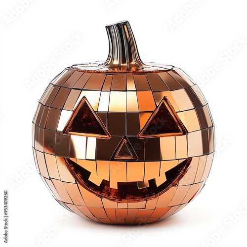 A disco ball jack-o'-lantern, 70s Halloween theme, shiny and groovy, isolated on white background