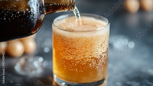 Wallpaper Mural Close-Up of Kombucha Being Poured into Glass, Highlighting Bubbles and Froth on Neutral Background, Ideal for Beverage and Healthy Living Concepts, Space for Text Torontodigital.ca