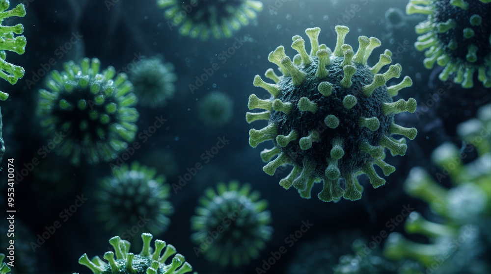 Closeup of green virus particles floating in a dark aquatic environment Closeup of green virus particles floating in a dark aquatic environment