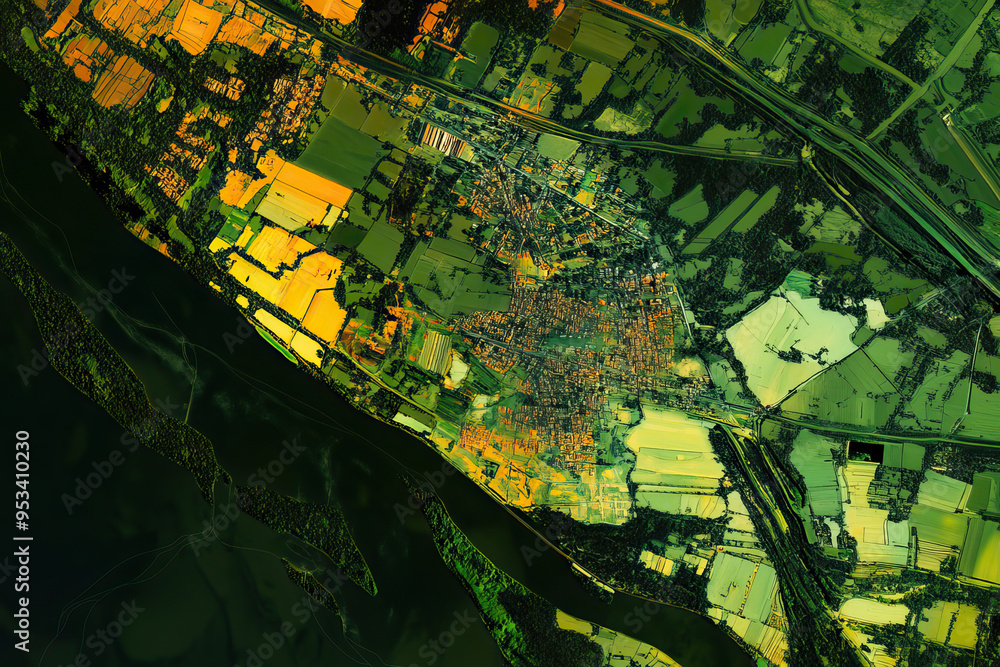 Fototapeta premium Technical aerial visual, 3D LiDAR GIS aerial map satellite scan model isolated, showing Bareilly, India. Elevation, topography, render