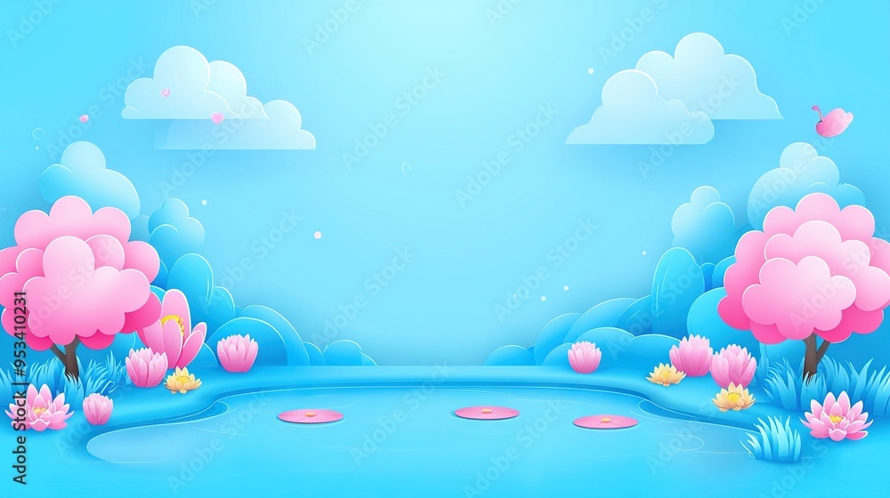 Blue background with pink flowers in water, blue sky with clouds, pond with water lilies in foreground Blue background with pink flowers in water, blue sky with clouds, pond with water lilies in foreground