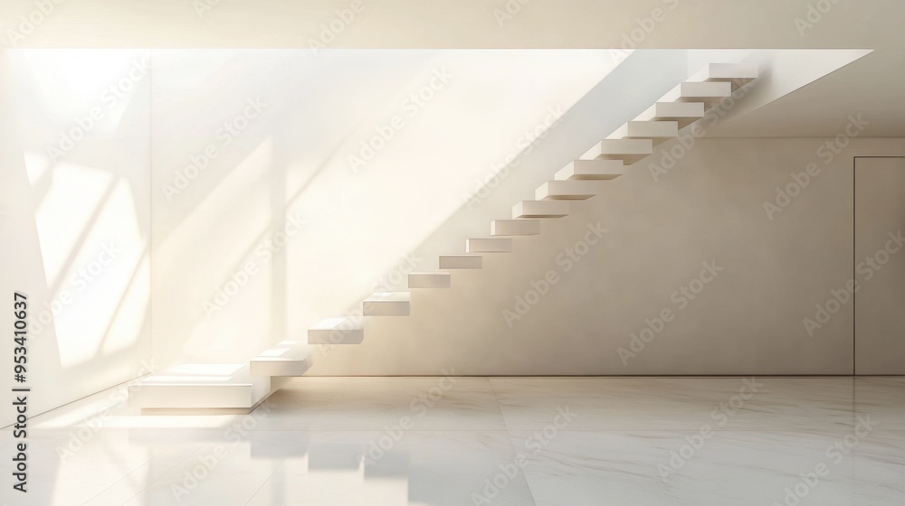 Naklejka premium A minimalist staircase with floating steps and no railings, leading up to a bright, open loft space.