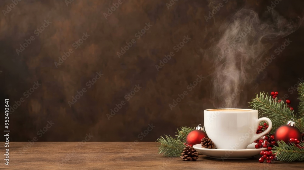 Festive Coffee Cup with Steam Shaped as Christmas Tree or Santa Claus, Surrounded by Holiday Decor, Copy Space for Text Festive Coffee Cup with Steam Shaped as Christmas Tree or Santa Claus, Surrounded by Holiday Decor, Copy Space for Text
