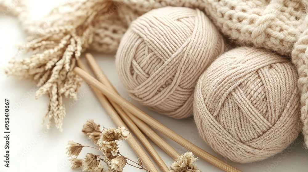 Serene Minimalistic Boho Design with Three Balls of Yarn in Neutral Shades, Knitting Needles, and Dried Flowers on Bright Surface, Showcasing Calm and Craftsmanship in Trending Style Serene Minimalistic Boho Design with Three Balls of Yarn in Neutral Shades, Knitting Needles, and Dried Flowers on Bright Surface, Showcasing Calm and Craftsmanship in Trending Style