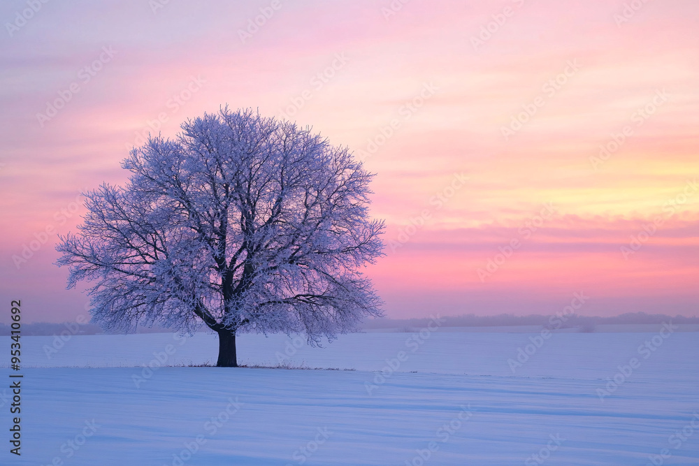 lone frost-covered tree stands in a snowy field illuminated by a beautiful pastel-colored sunrise creating a peaceful winter scene lone frost-covered tree stands in a snowy field illuminated by a beautiful pastel-colored sunrise creating a peaceful winter scene