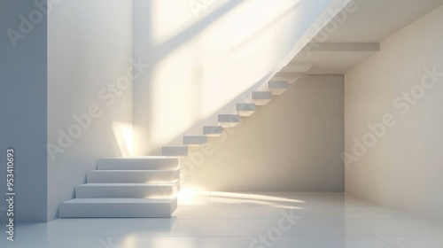 A minimalist staircase with floating steps and no railings, leading up to a bright, open loft space.