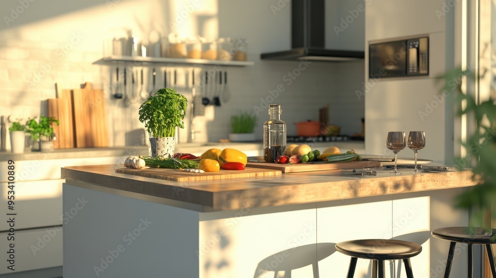 A modern kitchen island with bar stools, neatly arranged with fresh ingredients, a cutting board, and a glass of wine. A modern kitchen island with bar stools, neatly arranged with fresh ingredients, a cutting board, and a glass of wine.