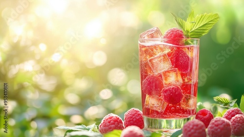 Chilled raspberry soda in a clear glass with fresh raspberries and ice cubes against a bright summer backdrop photo