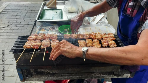 hand, vendor, grilled pork, sticky rice, breakfast, urgent, easy, convenient, delicious, street food, Thai, cheap photo